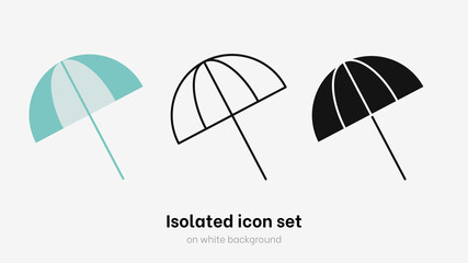 Beach umbrella icon set. Isolated beach umbrella on white background. Parasol protetct from sun and make shadow and chill on sand at sea and ocean beach. Sunlight protetcion icon and design element © Phantasm