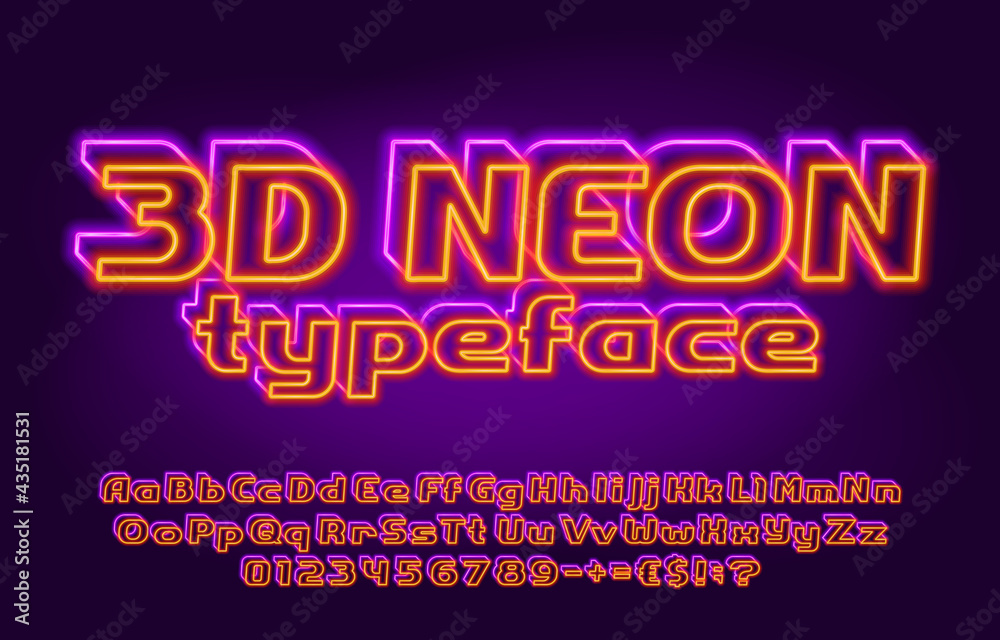 Fototapete 3d neon alphabet font. neon light bold letters, numbers and punctuation. uppercase and lowercase. st