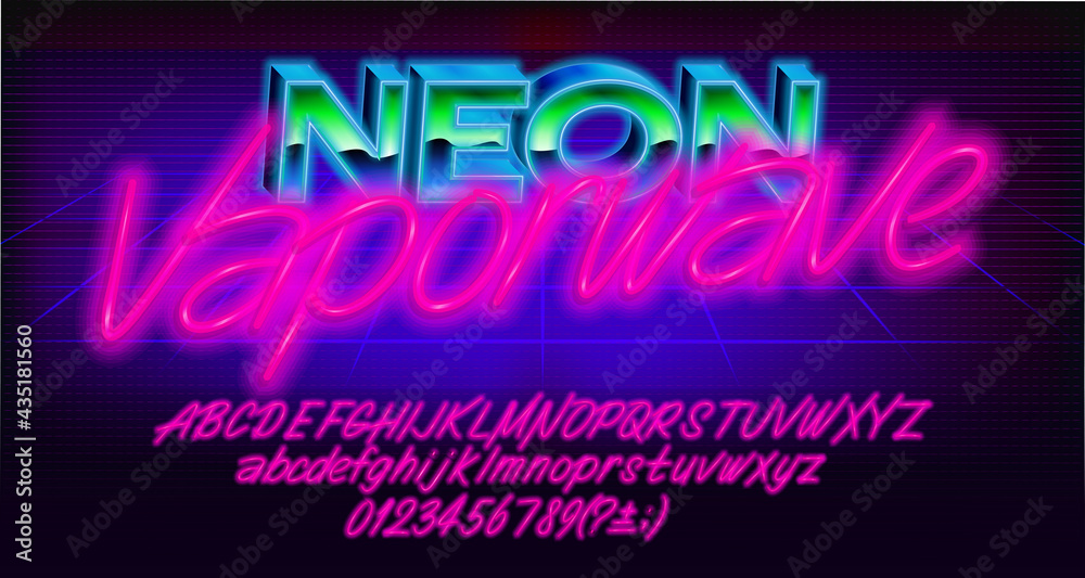 Fototapete neon vaporwave alphabet font. glowing neon letters, numbers and punctuations. uppercase and lowercas