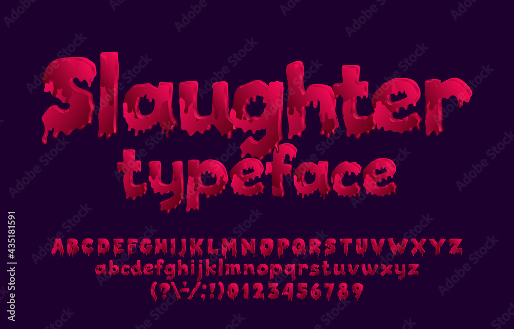 Fototapete slaughter alphabet font. hand drawn bloody letters, numbers and punctuation. uppercase and lowercase
