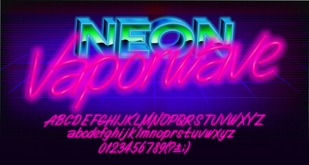 Obraz premium Neon Vaporwave alphabet font. Glowing neon letters, numbers and punctuations. Uppercase and lowercase. Vector typescript for your typography design.