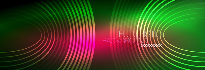 Obraz premium Dark abstract background with glowing neon circles. Trendy layout template for business or technology presentation, internet poster or web brochure cover, wallpaper