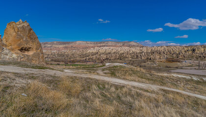 Panoramic view of landscapes, fairy chimneys, and typical rock formations near Göreme, Cappadocia, Turkey