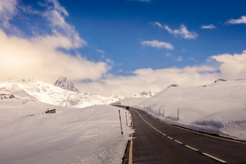 View of the road on the mountain pass of the Bernina in Switzerland