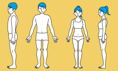 Men and Women correct standing posture, Side and Front view