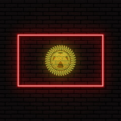 Neon sign in the form of the flag of Kyrgyzstan. Against the background of a brick wall with a shadow. For the design of tourist or patriotic themes.