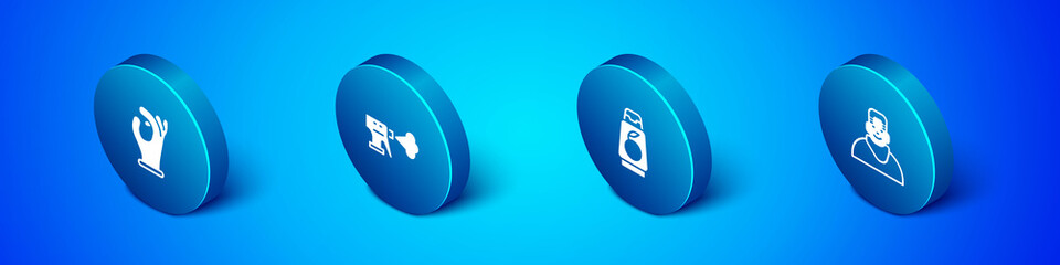 Set Isometric Medical rubber gloves, Bottle of shampoo, Client in barbershop and Hairdresser pistol spray bottle icon. Vector