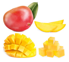 Set with delicious ripe mangos on white background