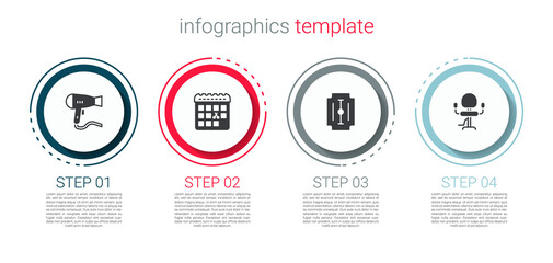 Set Hair dryer, Calendar with haircut day, Blade razor and Barbershop chair. Business infographic template. Vector