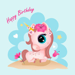 Cute unicorn on the birthday card. Happy Birthday Card. Baby birthday card. Vector illustration.