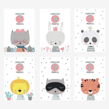 Cote Birthday stickers with animals for baby. Vector stickers for Bby Shower. Avesome vector an
imalface. Vector pint with fox, lion, hippo, panda, frog, bear,  bunny, sloth, koala