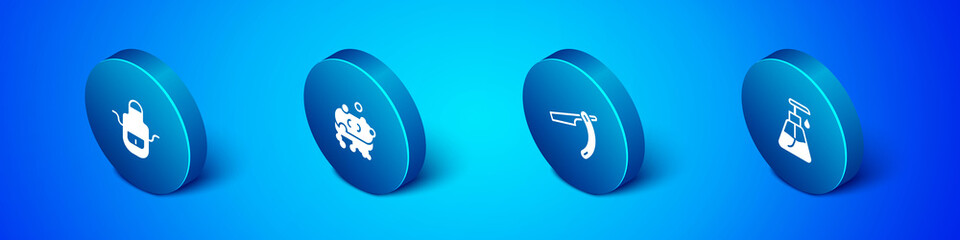 Set Isometric Barber apron, Straight razor, Cream cosmetic tube and of soap with foam icon. Vector