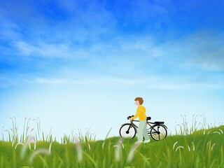 A boy leads a bicycle to walk in a meadow.  Illustration created on a tablet, used as a background in the concept of travel with nature.