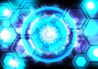 Blue light neon. Abstract gear and hexagon digital hi-tech background. Futuristic interface. Virtual reality technology screen