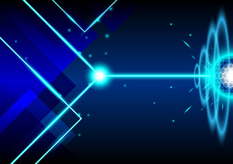 Abstract neon background. Laser is shooting to the circle-hexagon shape. Blue screen for technology futuristic