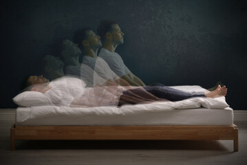 Somnambulist rising from bed near dark wall indoors, multiple exposure. Sleepwalking - obrazy, fototapety, plakaty