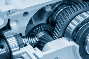 The close-up scene of transmission gear parts. The automotive manufacturing concept.
