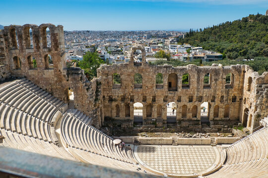 Odeon of Herodes Atticus, commonly known as "Herodeion". The famous Odeon of Herodes Atticus was the last monumental building built in antiquity in the area of the Acropolis. Athens, Greece 5-18-2021