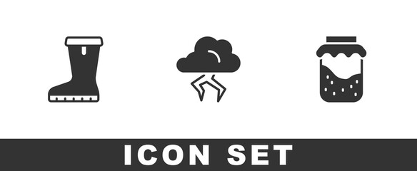 Set Waterproof rubber boot, Storm and Jam jar icon. Vector