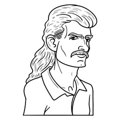 monochrome comic drawing of a man with a mullet and mustache. vector, outline.