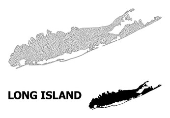 Polygonal mesh map of Long Island in high detail resolution. Mesh lines, triangles and points form map of Long Island.