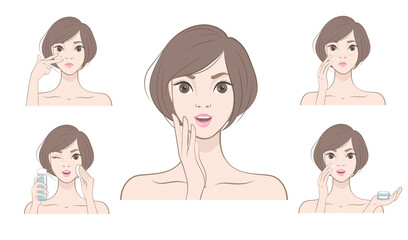 Problem skin care. Set of vector illustrations. A beautiful Japanese girl applies spine cream to her face. The girl uses acne lotion.