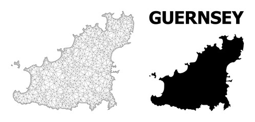 Polygonal mesh map of Guernsey Island in high detail resolution. Mesh lines, triangles and points form map of Guernsey Island.