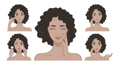 Problem skin care. Set of vector illustrations. A beautiful African American girl applies spine cream to her face. The girl uses acne lotion.