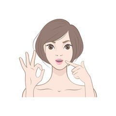 Dental care. Face of a young Japanese woman with braces on her teeth. Vector illustration