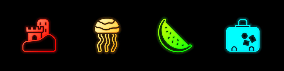 Set Sand castle, Jellyfish, Watermelon and Suitcase icon. Vector
