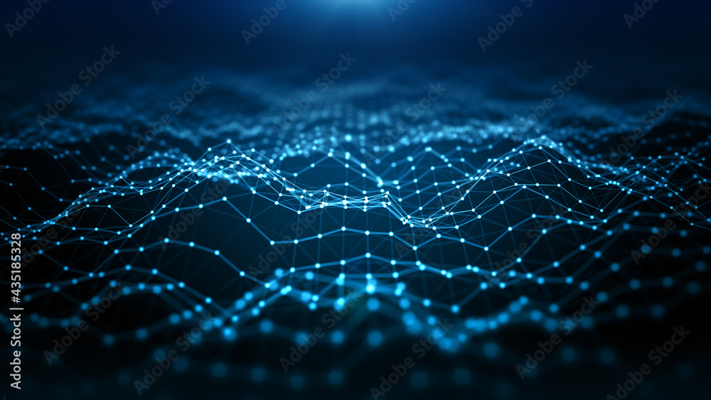 Poster digital cyberspace futuristic, particles wave flowing with lines and dots connection, technology net