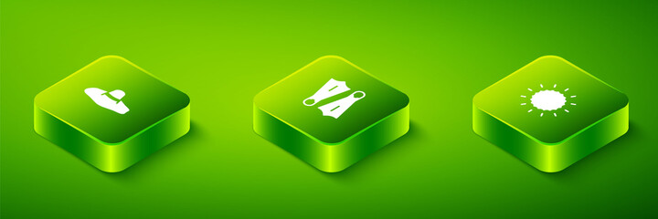 Set Isometric Rubber flippers for swimming, Sun and Elegant women hat icon. Vector