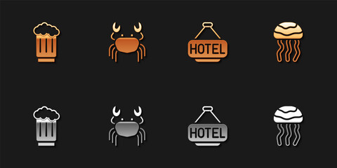Set Wooden beer mug, Crab, Signboard with text Hotel and Jellyfish icon. Vector