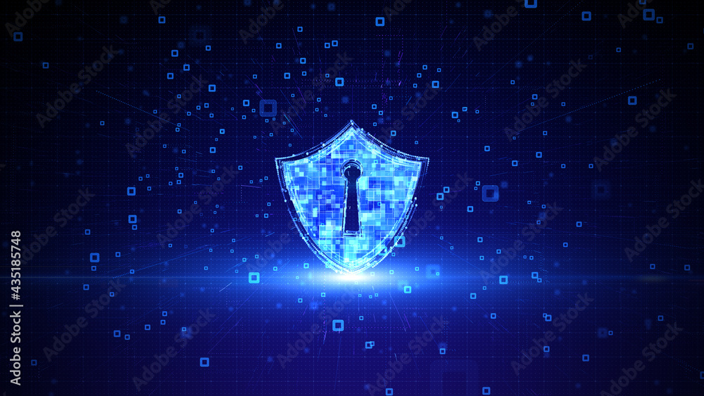 Poster shield icon of cyber security. digital data network protection. network connection data analysis. te
