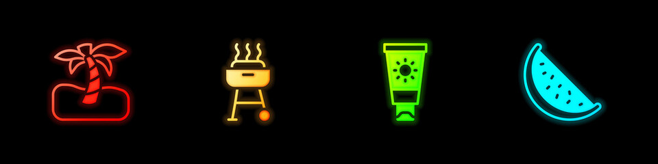 Set Tropical palm tree, Barbecue grill, Sunscreen cream in tube and Watermelon icon. Vector
