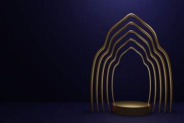 Ramadan islam 5 golden arch shaped mosque with podium dark blue background 3d illustration