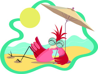 Obraz na płótnie Canvas Happy flamingo relaxing with cocktail on the beach. Vacation emblem. Holiday poster, positive recreation. High quality illustration