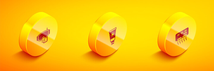 Set Isometric Diving mask, Sunscreen cream tube and Air conditioner icon. Vector