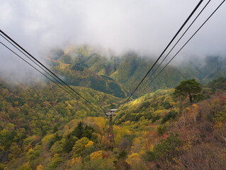 Ropeway through the autumn leaves and fog