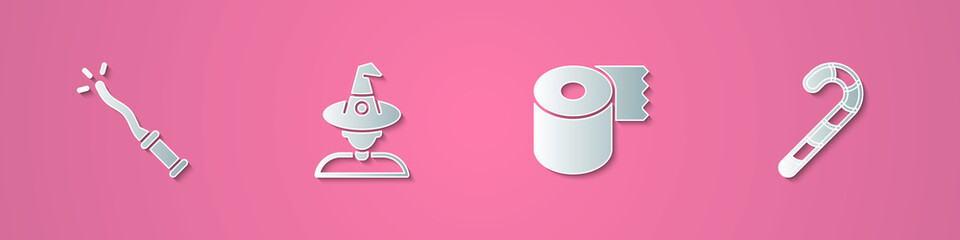 Set paper cut Magic wand, Witch, Toilet paper roll and Christmas candy cane icon. Paper art style. Vector