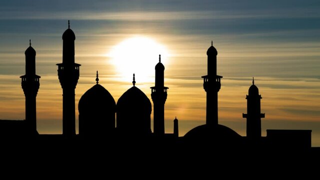 Baghdad, Iraq, Al-Kadhimiya Mosque, Kadhmain Shrine Silhouette, Time Lapse at Sunset