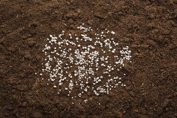 Light gray complex fertiliser granules on dark brown soil. Closeup. Product for root feeding of...