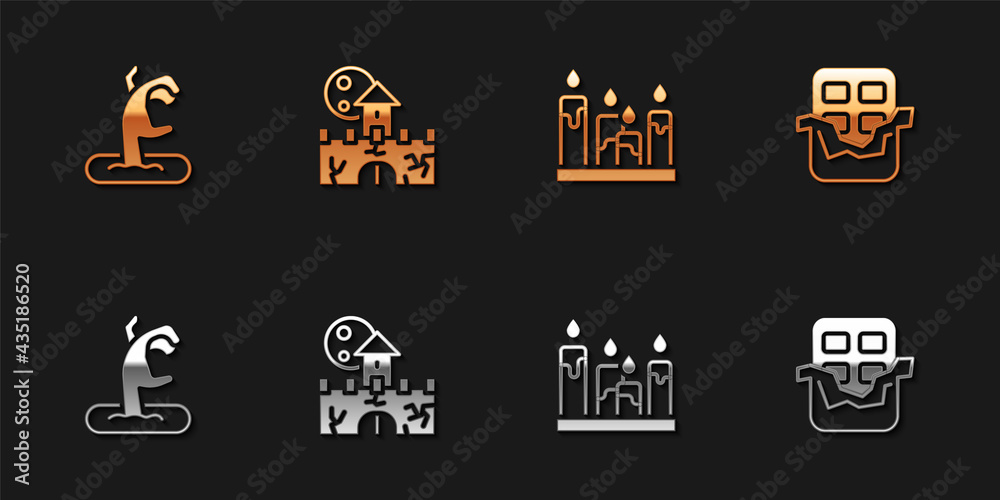 Sticker set zombie hand, castle, fortress, burning candle and chocolate bar icon. vector