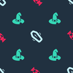 Set Candy, Coffin with cross and Witch hat on seamless pattern. Vector