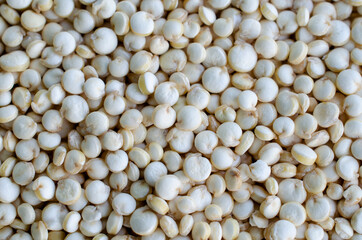 Top view of dry organic white quinoa seed background, for healthy and clean food ingredient or agricultural product concept