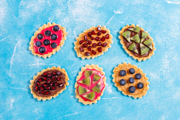 Homemade desserts with blueberries,kiwi slices and pomegranate seeds.