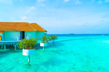 Beautiful tropical Maldives resort hotel and island with beach and sea