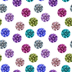 Colorful shiny crystals seamless pattern on white back