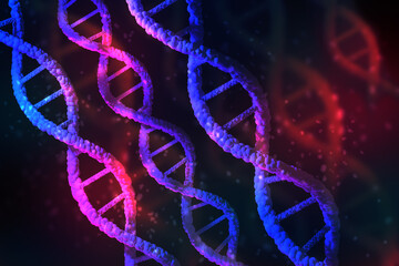 The molecular structure of DNA. The helix of DNA genes. Three-dimensional DNA spirals in neon...