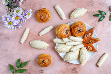 Traditional Azerbaijan holiday Novruz sweets,shekerbura,qogal,paxlava,mutaki.